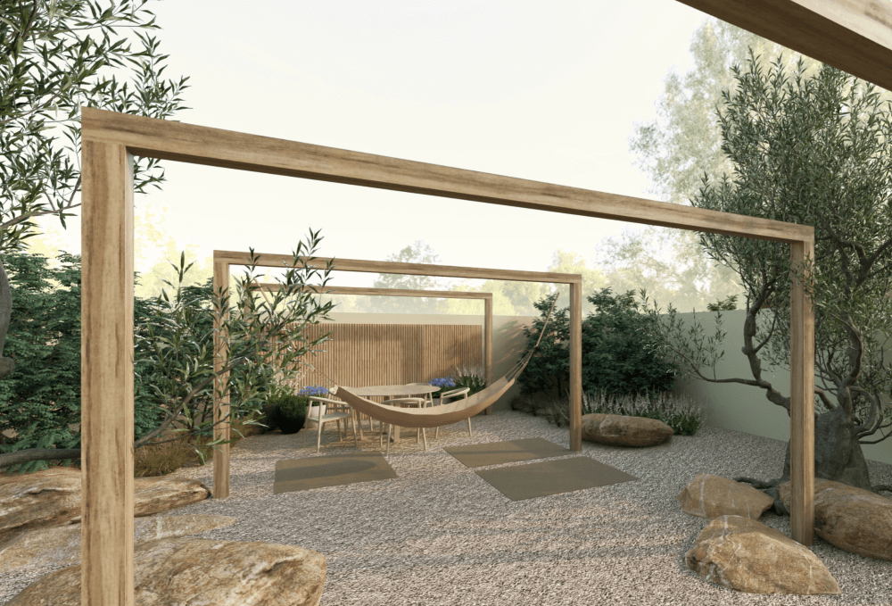 Hangmat met houten balken mediterraanse tuin